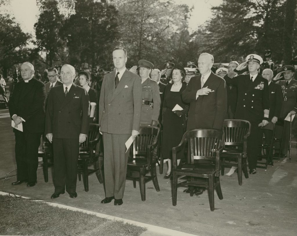 L to R: Reverend Angus, bishop of Washington, President Harry Truman, British Ambassador Sir Oliver Franks, Secretary of Defense George C. Marshall, November 1, 1950, GCMF Photo.